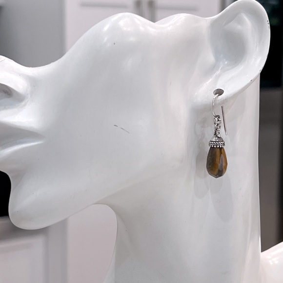 South African Tiger’s Eye Sterling Silver Crowned Drop Earrings - Picture 2 of 10